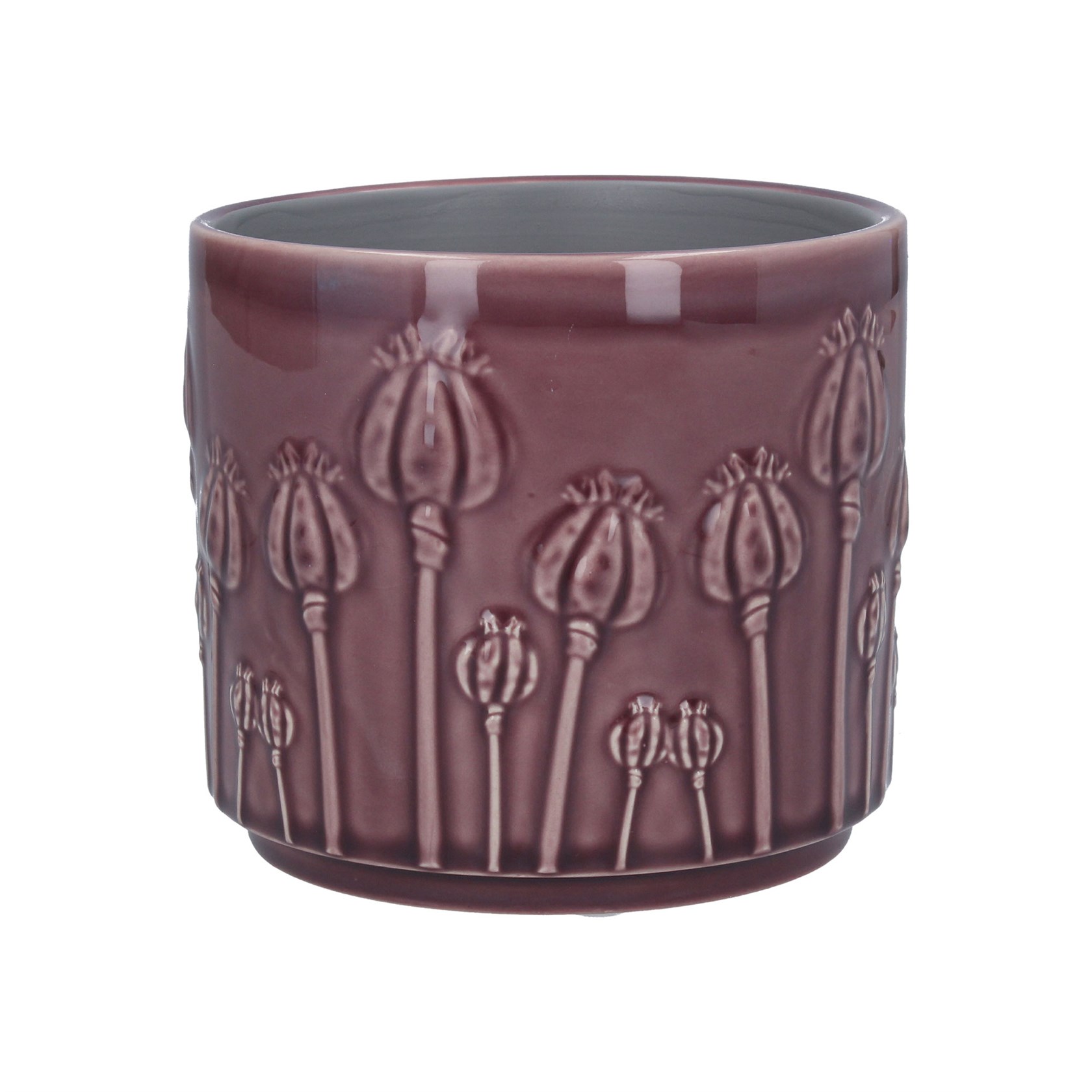 A medium purple coloured ceramic pot cover with all over poppy design. The perfect addition to your home or the perfect gift for yourself or a loved one. By London designer Gisela Graham.
